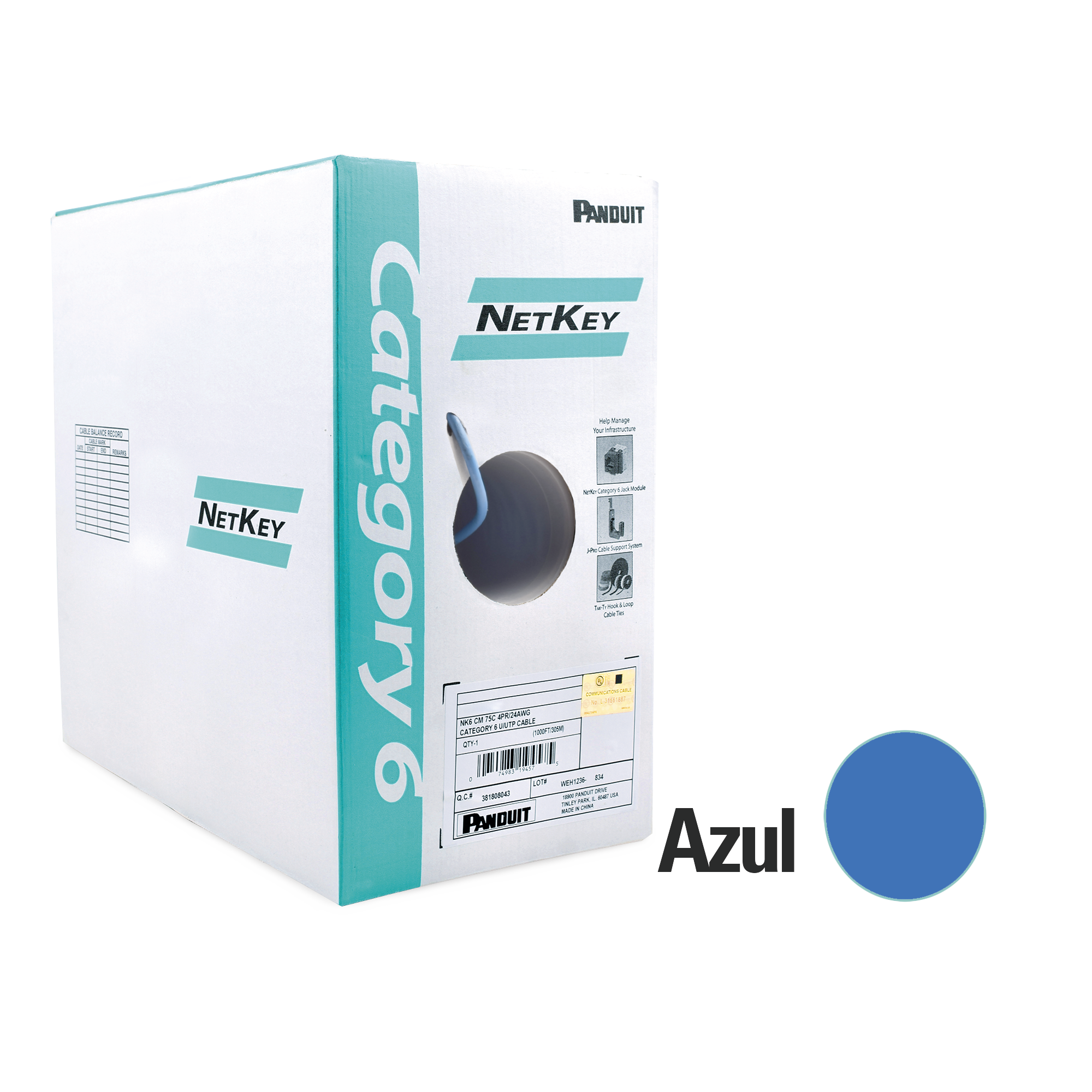 Bobina de Cable UTP 305 m. de Cobre, NetKey, Reelex, Azul, Categoría 6 (24 AWG), 1000Mbps, PVC (CM), de 4 pares Bobina de Cable UTP 305 m. de Cobre, NetKey, Reelex, Azul, Categoría 6 (24 AWG), 1000Mbps, PVC (CM), de 4 pares